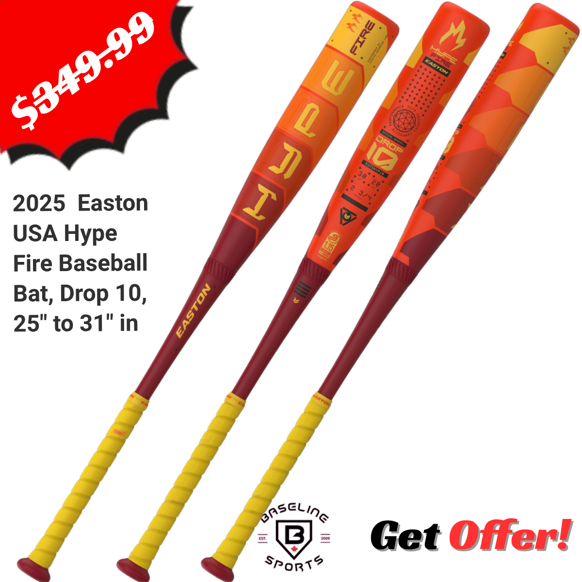 Three Easton USA Hype Fire baseball bats with a price tag and promotional text on a white background.