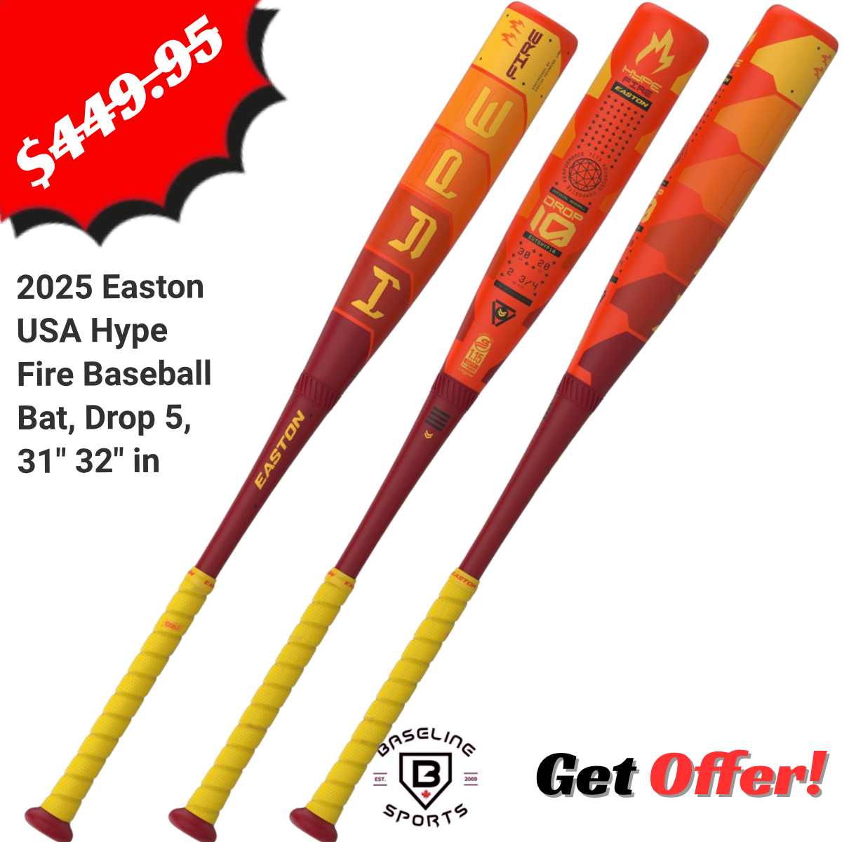 Three Easton USA Hype Fire baseball bats with a price tag and promotional text on a white background.