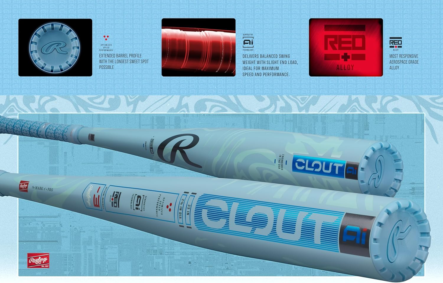 Baseball bat with 'Clout' branding and technical specifications on a blue background