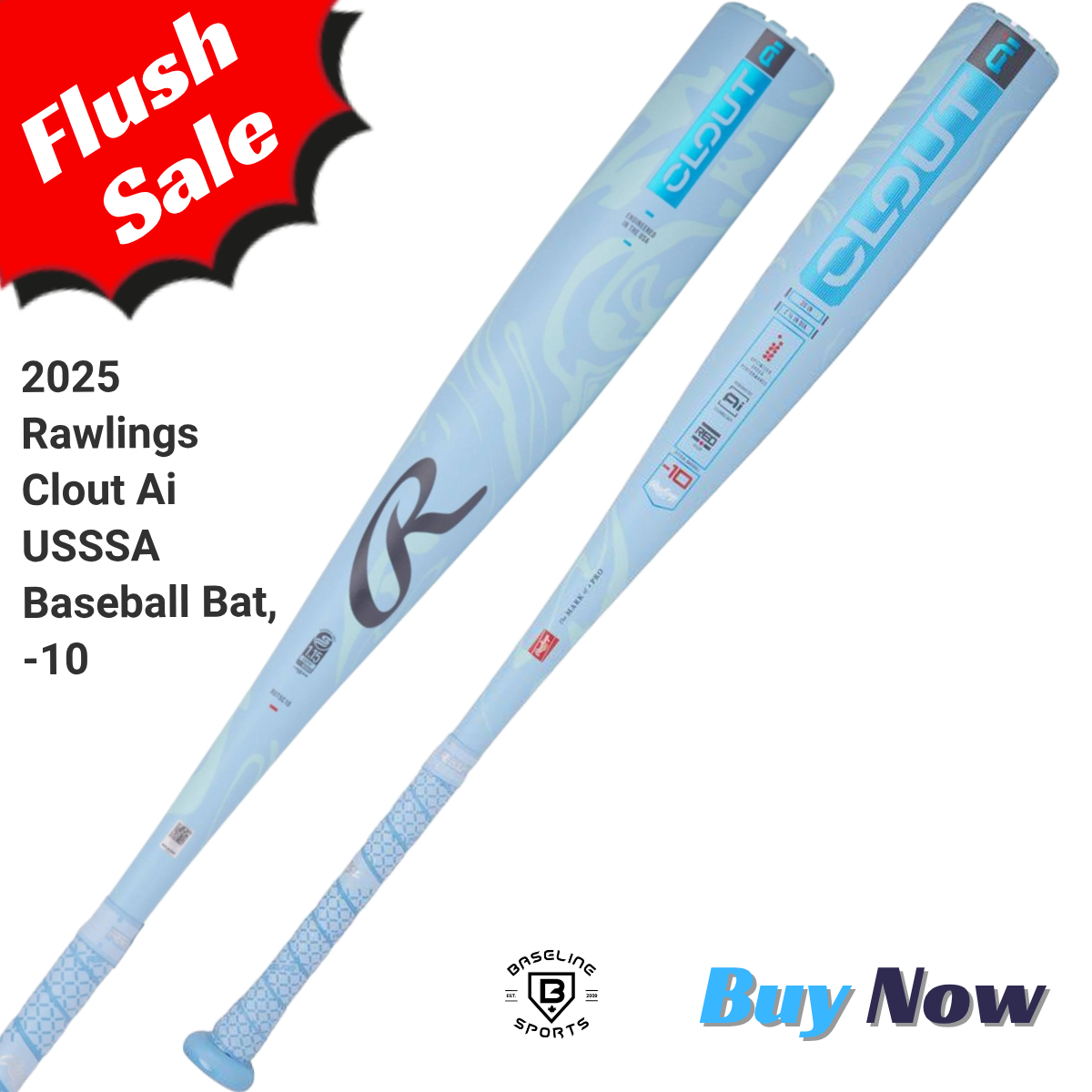 Rawlings Clout Ai USSSA baseball bat with promotional text on a white background