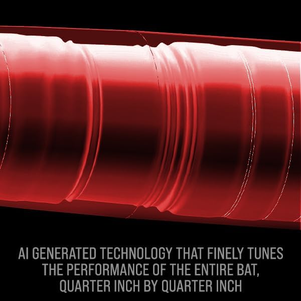 Close-up of a red bat with text about AI-generated technology tuning the bat's performance.