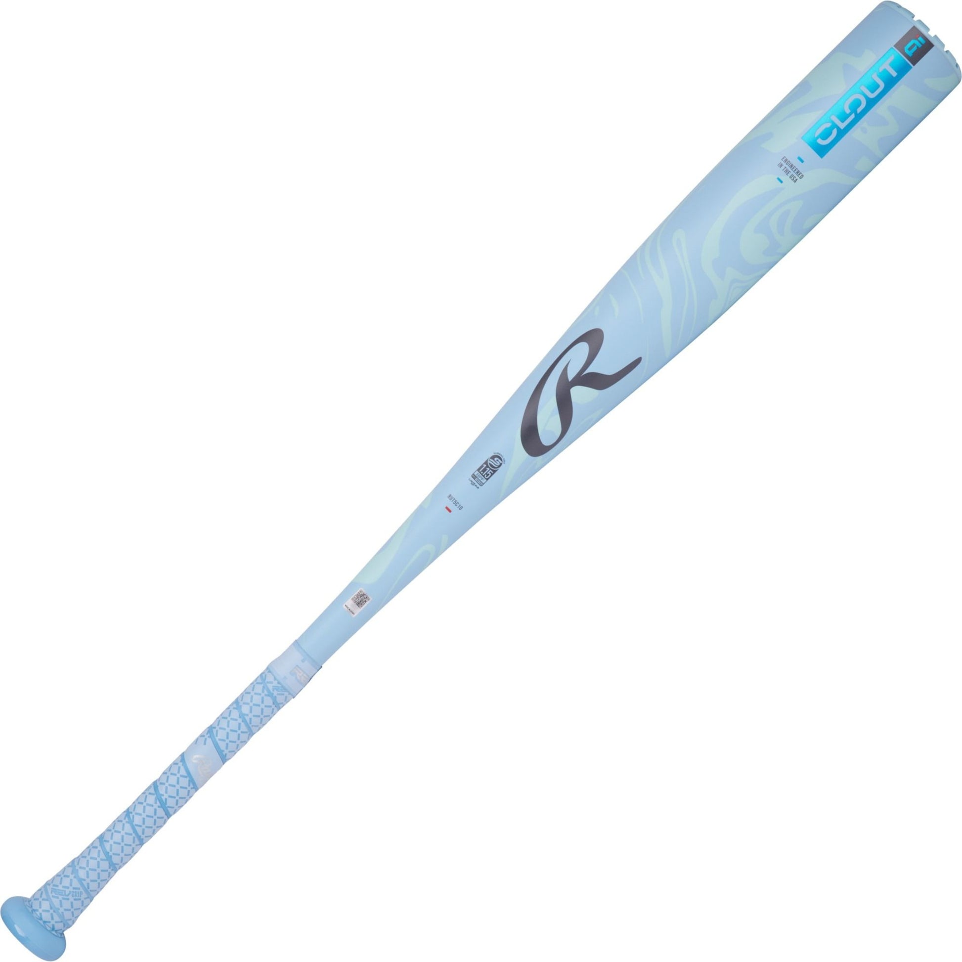 Light blue baseball bat with a logo on a white background