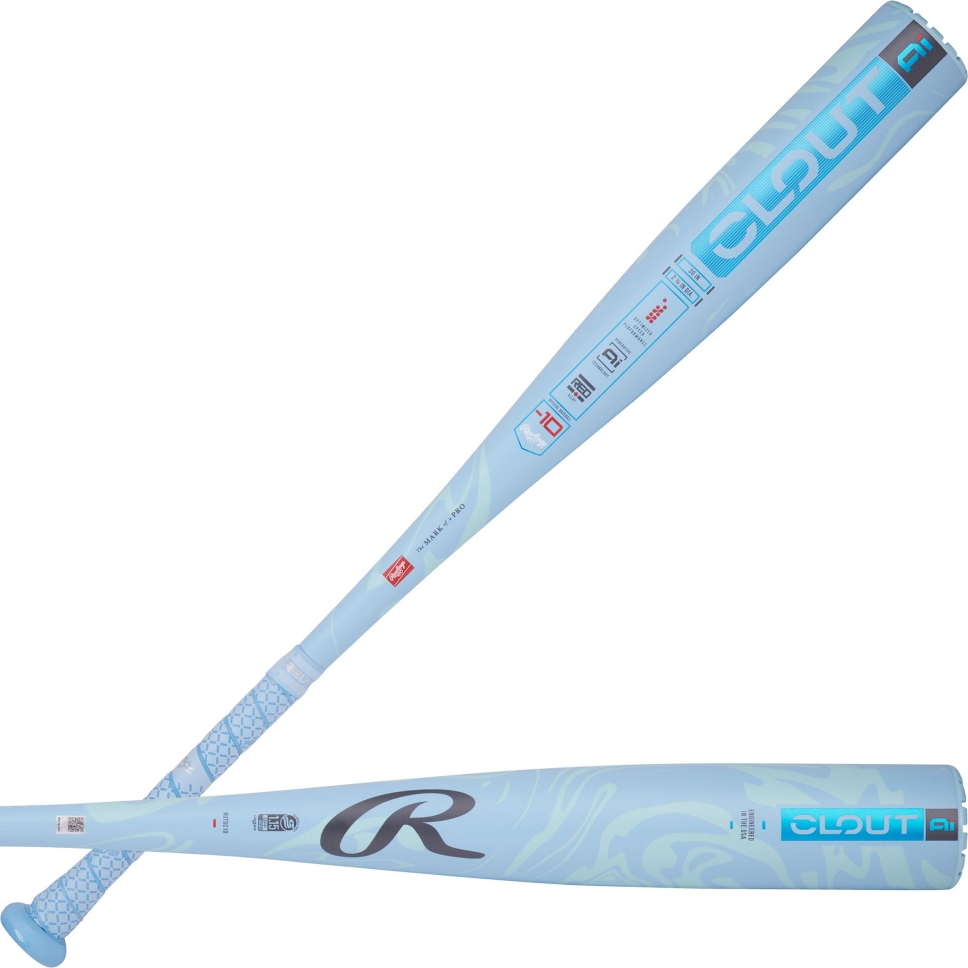 Light blue baseball bat with 'R' logo on a white background
