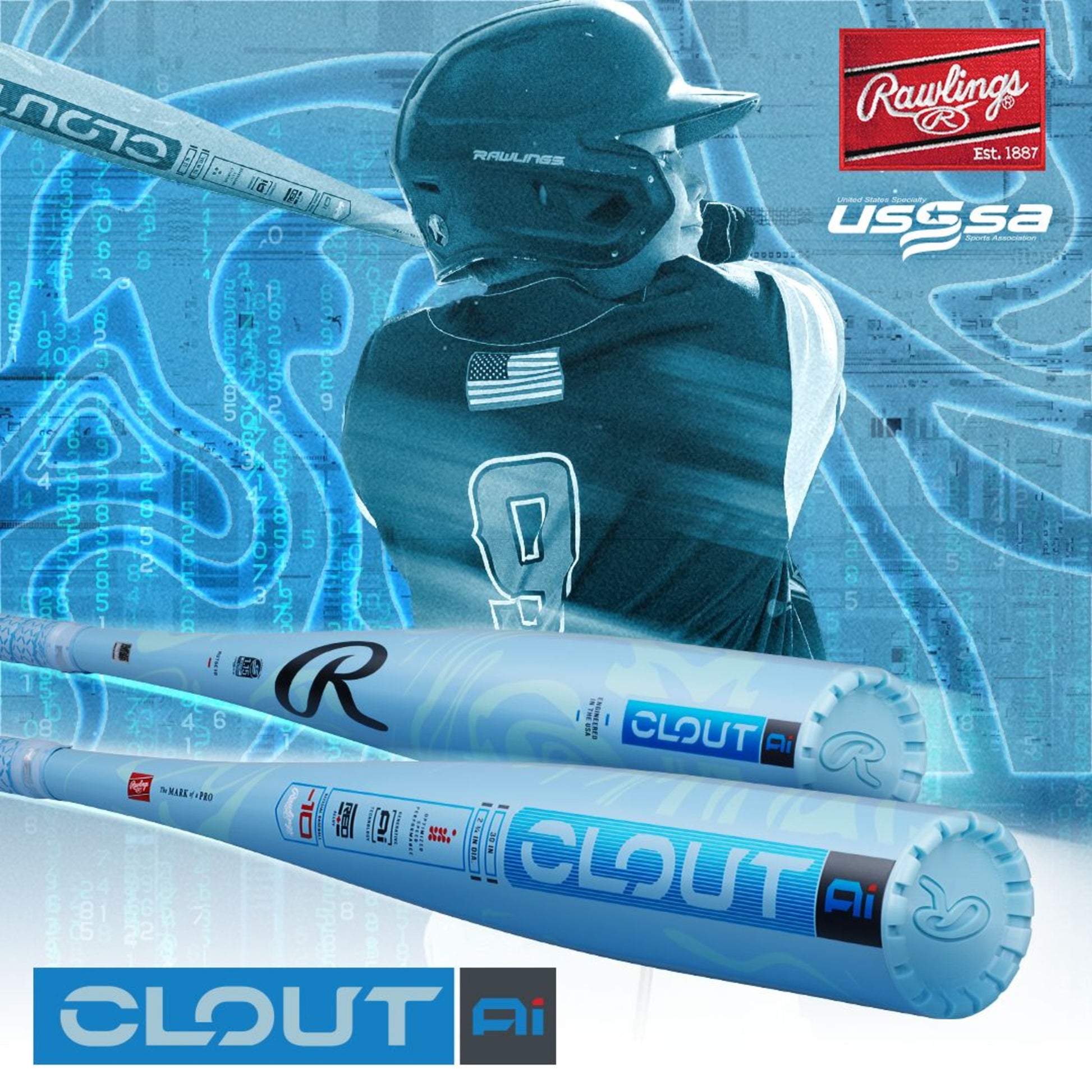 Baseball bat with 'CLOUT Ai' branding and a helmet, featuring the Rawlings logo, on a blue abstract background.