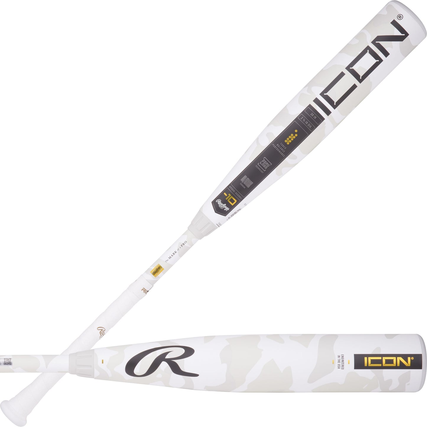 White baseball bat with 'Icon' branding on a white background
