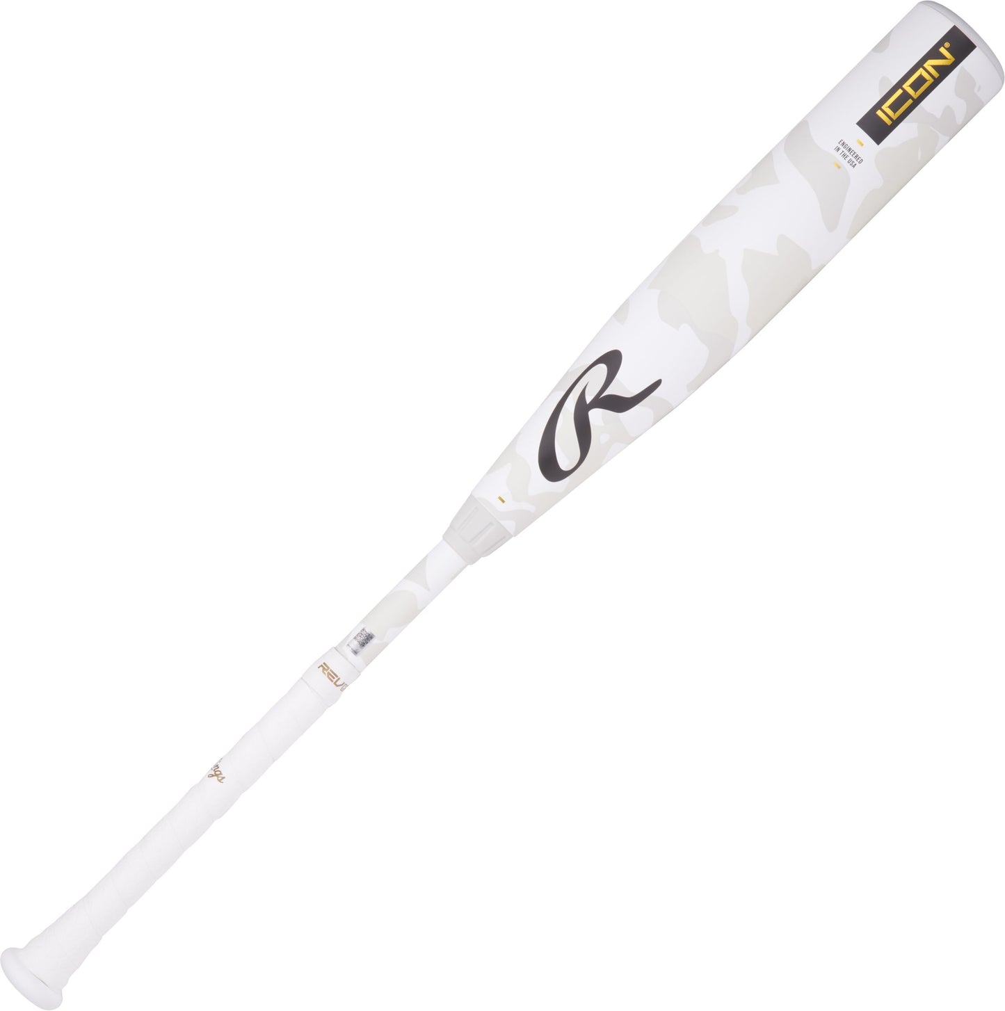 White baseball bat with a black logo on a white background