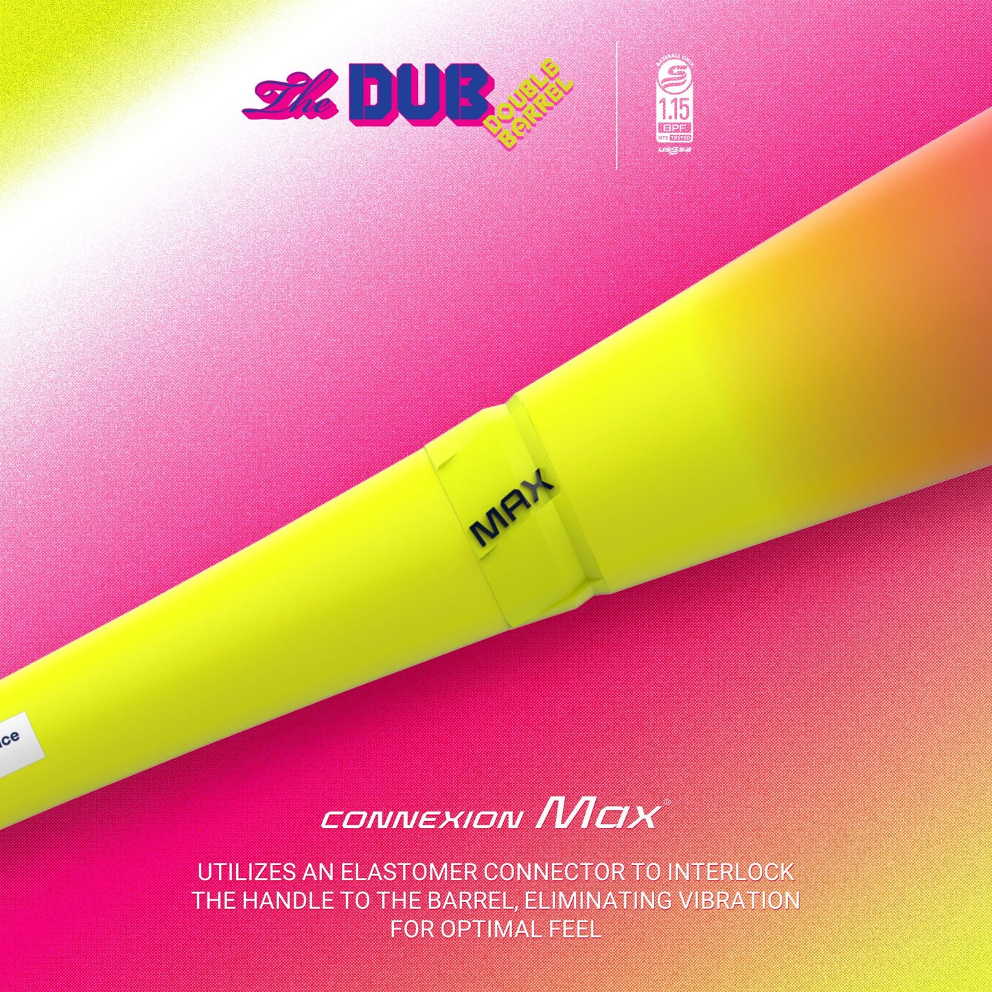Yellow baseball bat with 'MAX' branding on a pink and yellow gradient background, featuring the Dub brand.