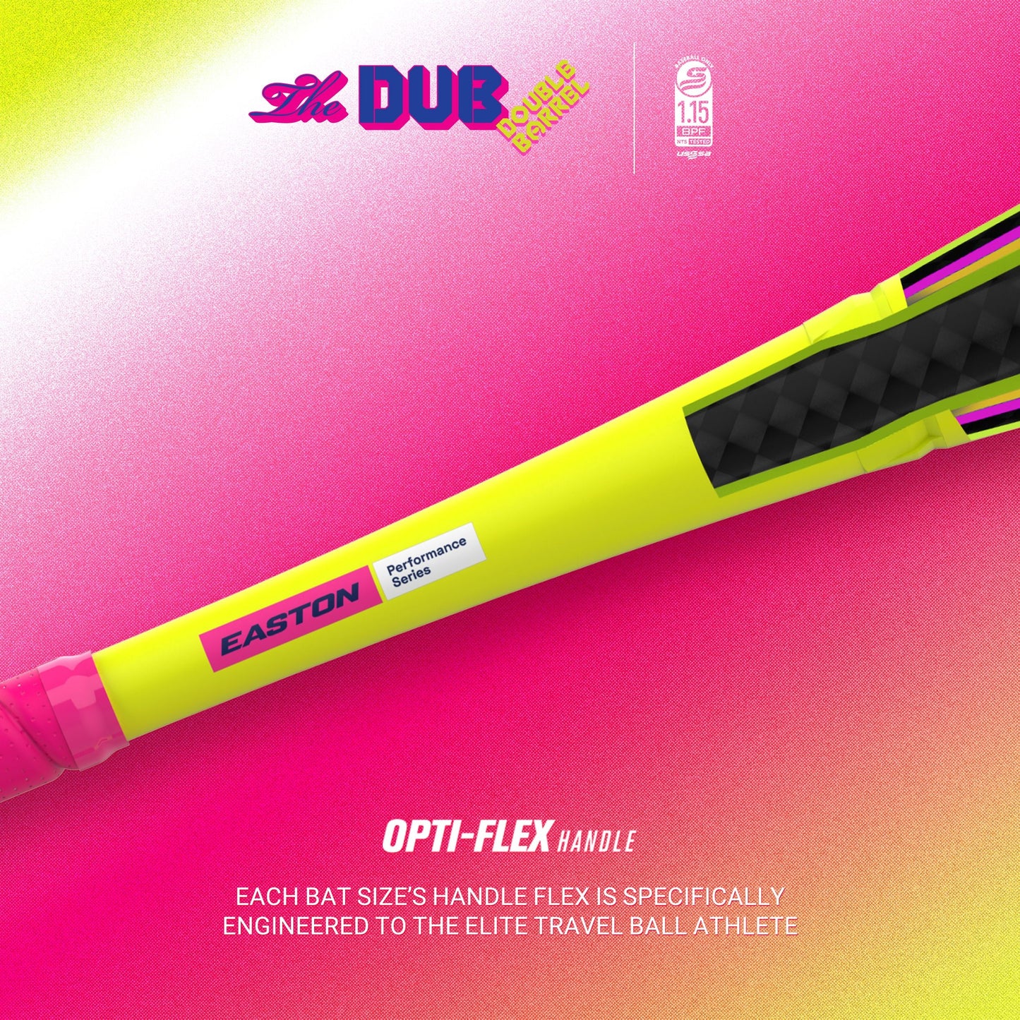 Baseball bat with Easton branding on a pink and yellow gradient background