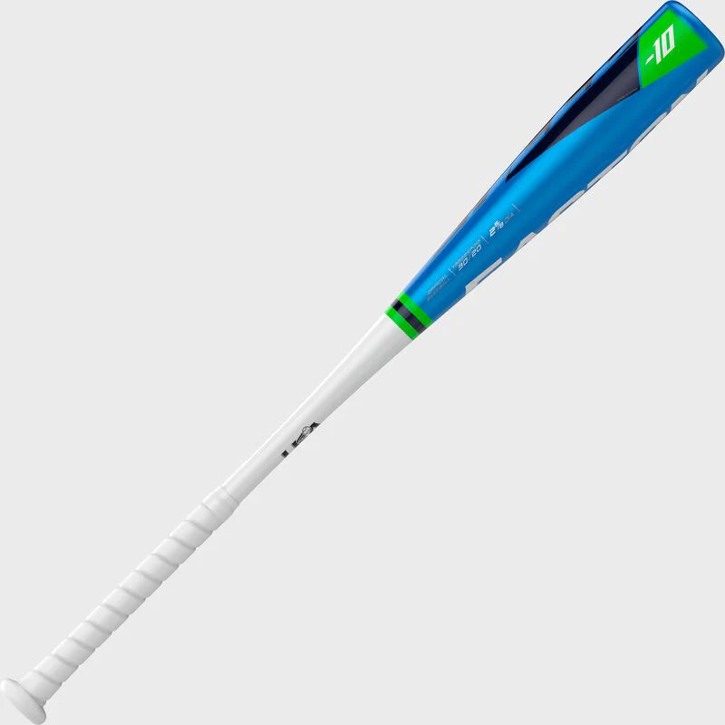 Baseball bat with blue and green handle on a light gray background