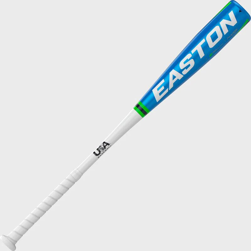 Baseball bat with blue and green Easton branding on a white background