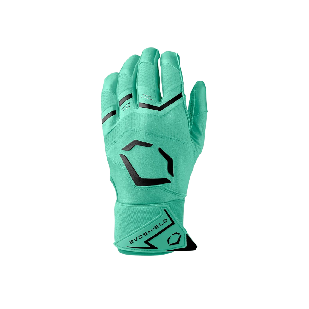Teal baseball glove with black accents on a white background