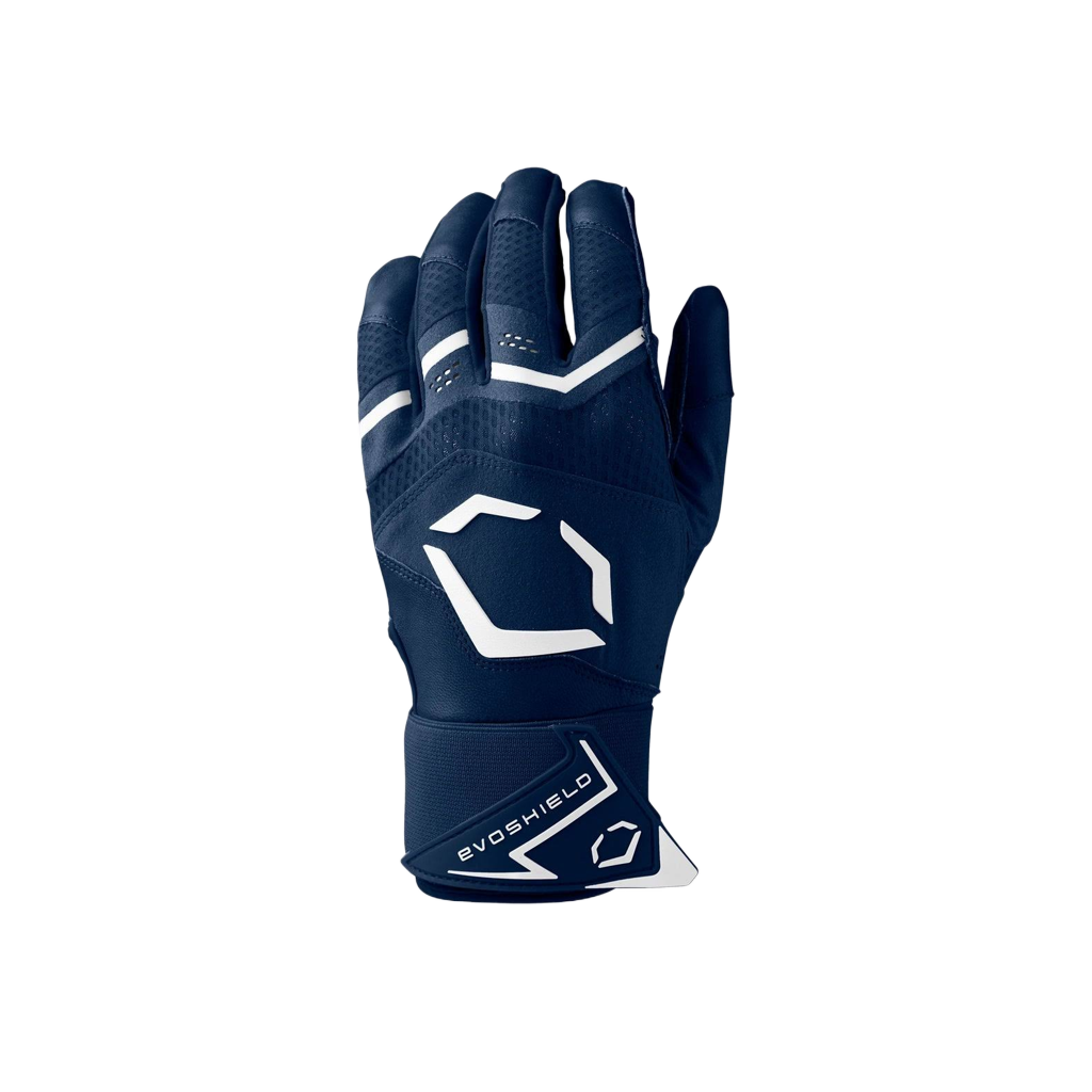 Navy blue baseball glove with white accents on a white background