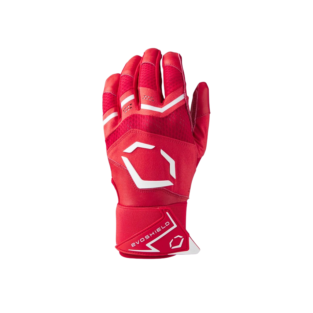 Red sports glove with white branding on a white background