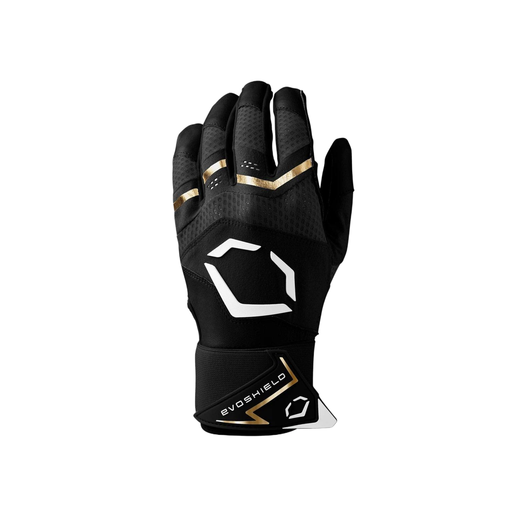 Black sports glove with gold accents and 'Evoshield' logo on a white background