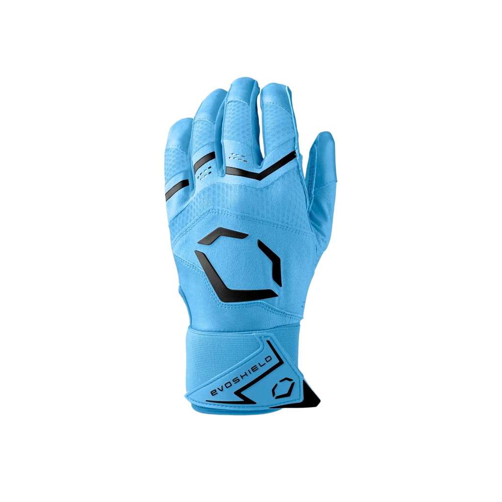 Blue glove with black logo on a white background