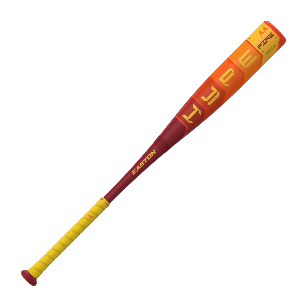 Baseball bat with orange, yellow, and red design on a white background