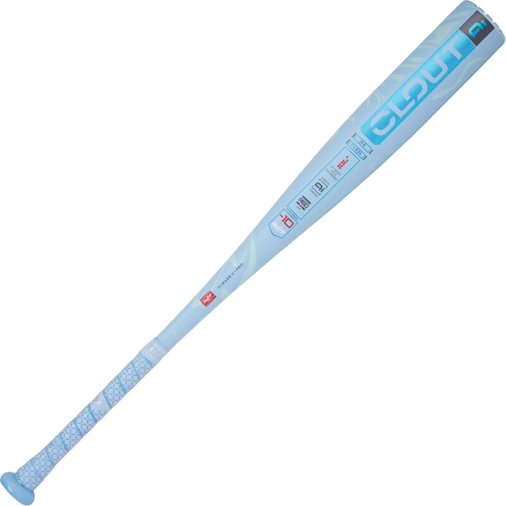 Blue baseball bat with branding on a white background