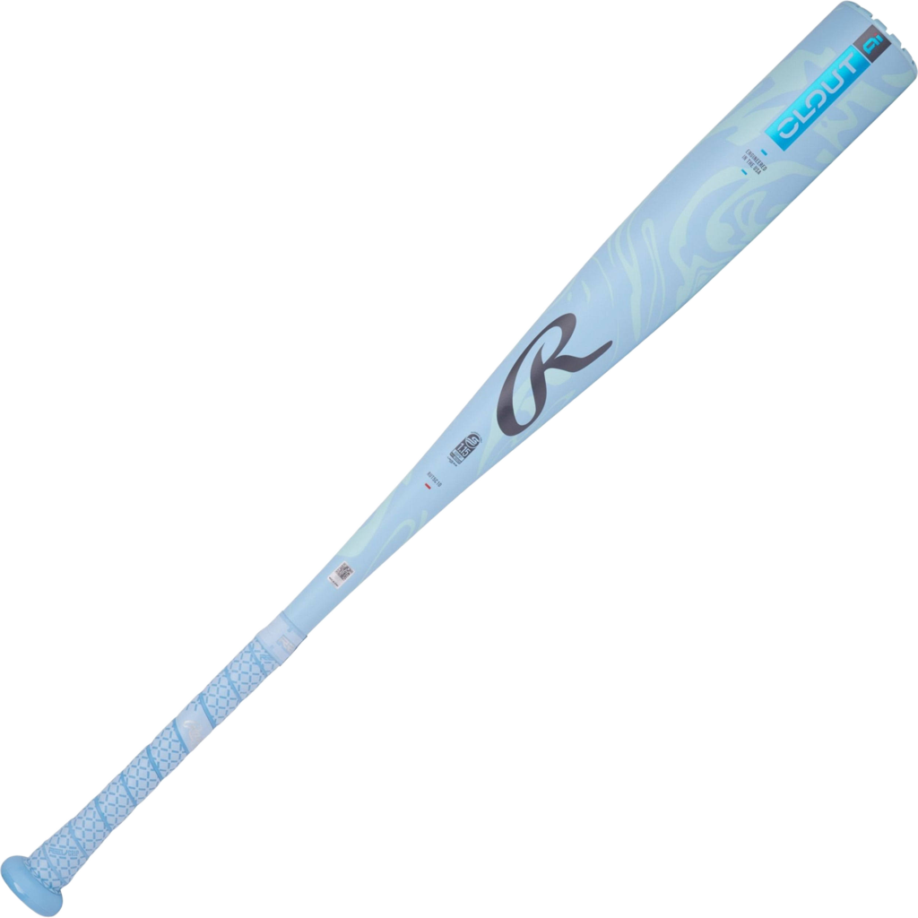 Light blue baseball bat with a logo on a white background
