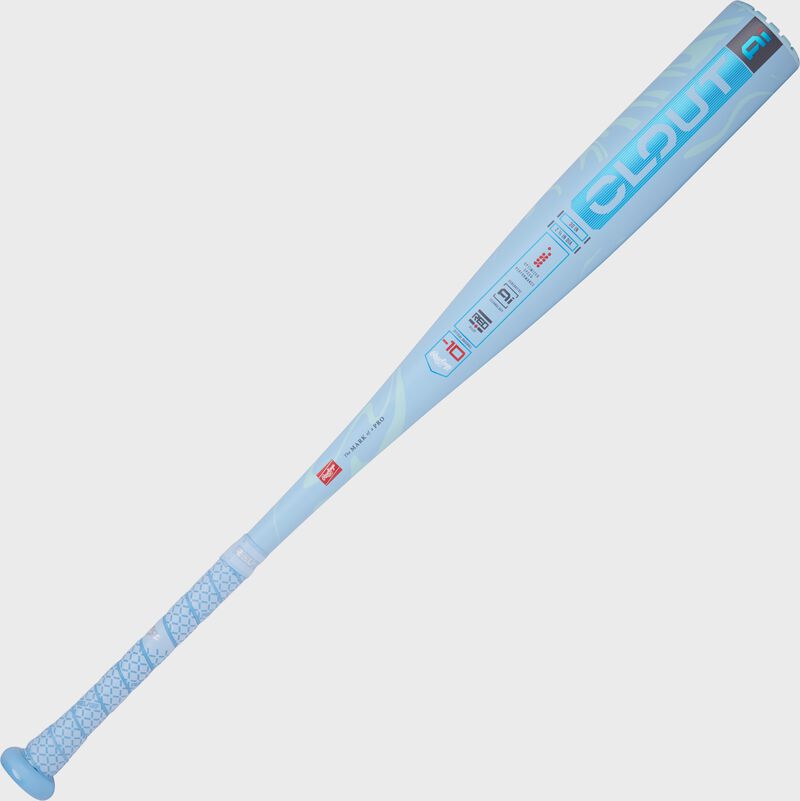 A blue and white Rawlings Clout Ai USSSA baseball bat with branding and information on the barrel.