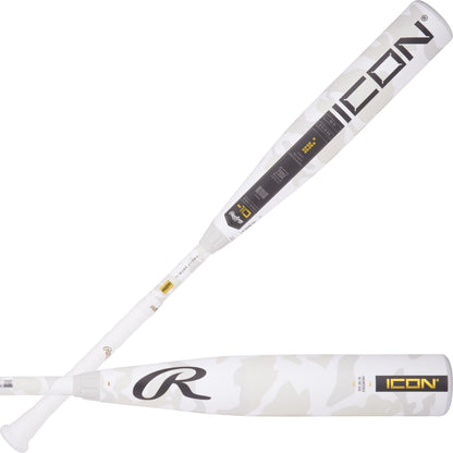 White baseball bat with 'Icon' branding on a white background