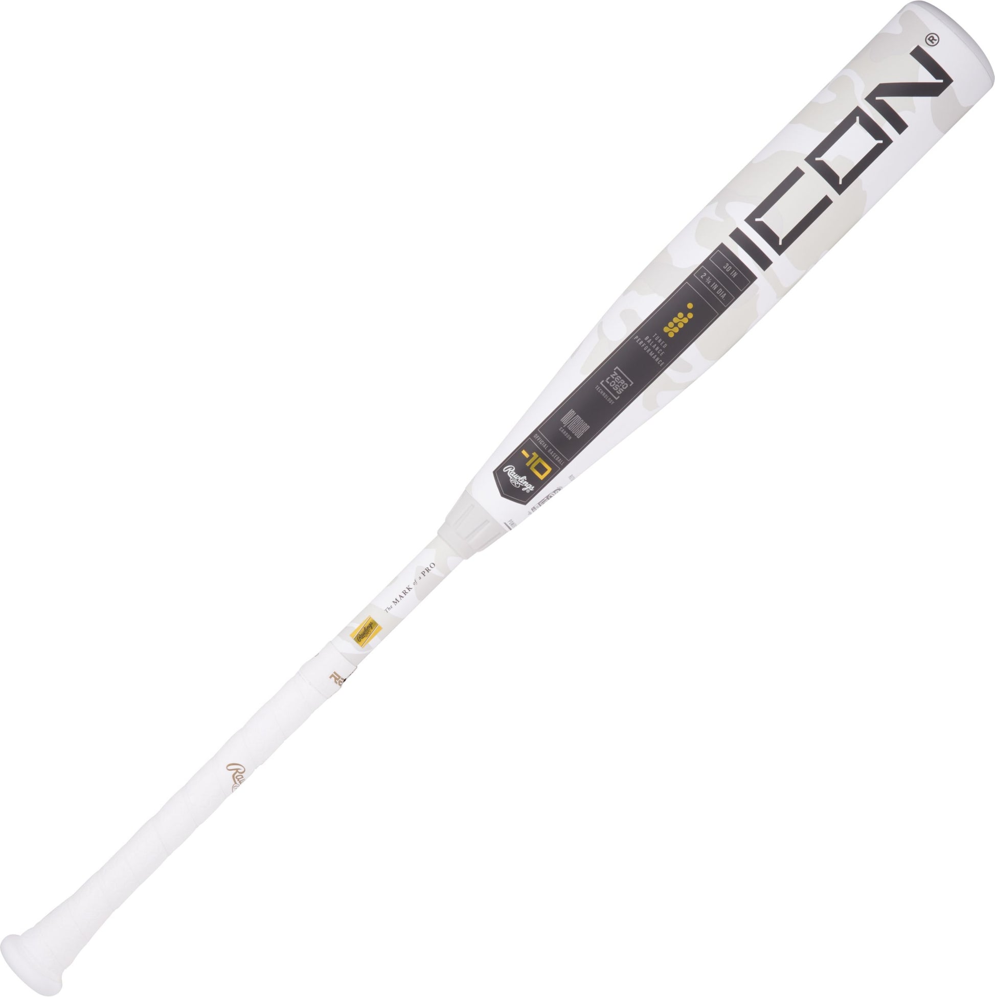 White and black baseball bat with 'Icon' branding on a white background