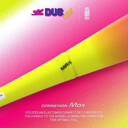 Yellow baseball bat with 'MAX' branding on a pink and yellow gradient background, featuring the Dub brand.