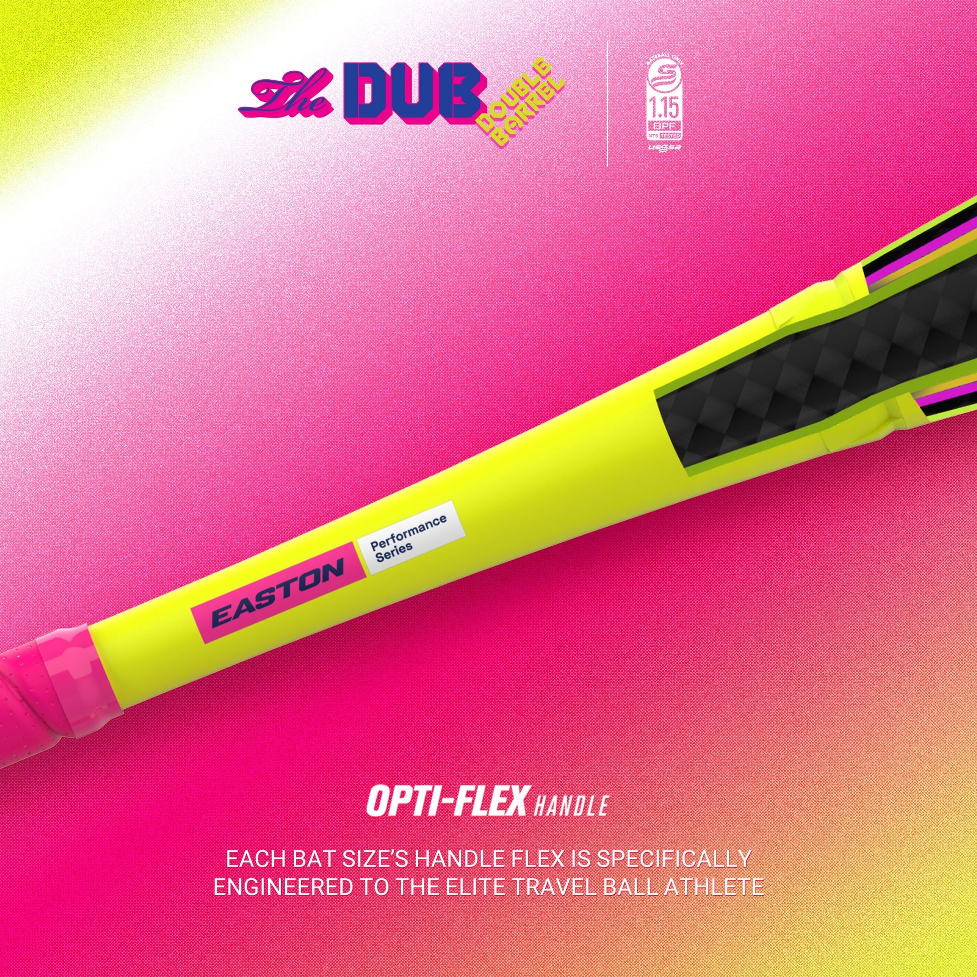 Baseball bat with Easton branding on a pink and yellow gradient background