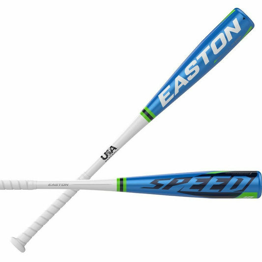 Two Easton baseball bats with blue and white design on a white background