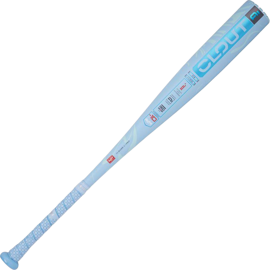 Blue baseball bat with branding on a white background