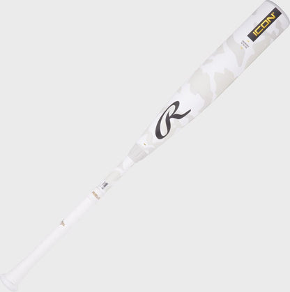 A white camouflage pattern Rawlings Icon USSSA baseball bat with black and gold accents.